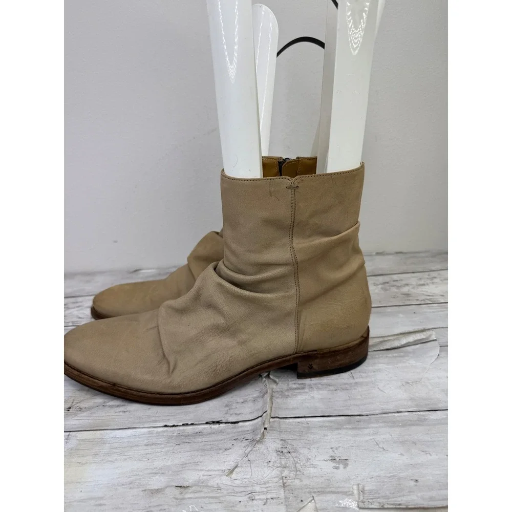 John Varvatos Tan Leather Slouchy Side Zip Ankle Boots Wood Heel